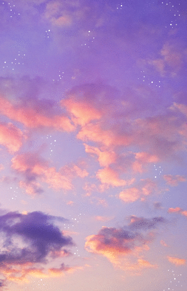 purple and orange sunset background with fluffy clouds and twinkling stars